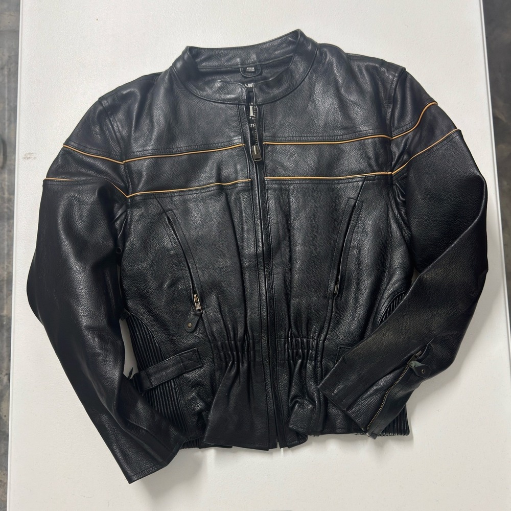 Leather King Motorcycle Jacket Womens Large Black Excellent Zip Out Liner Orange